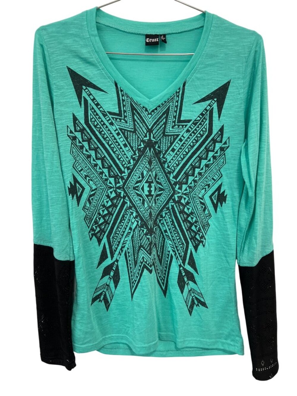 Cruel Tee Large Aztec Pattern Long Sleeve Top Colorblock Lace Accent Green Black